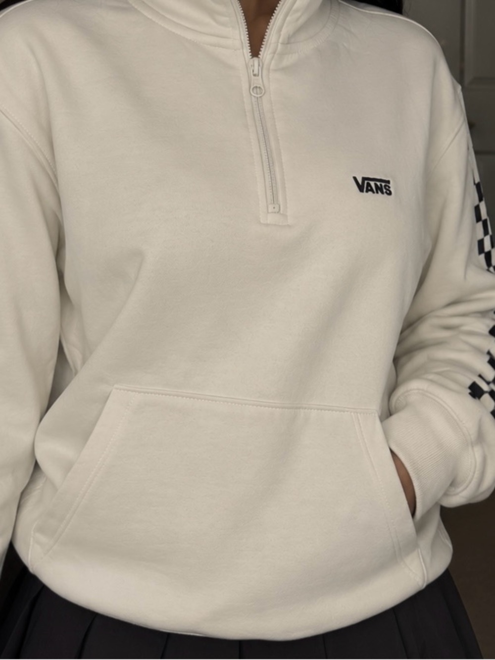 Vans Versa Quarter-Zip Checkerboard Mock Neck Pullover Sweatshirt Cream